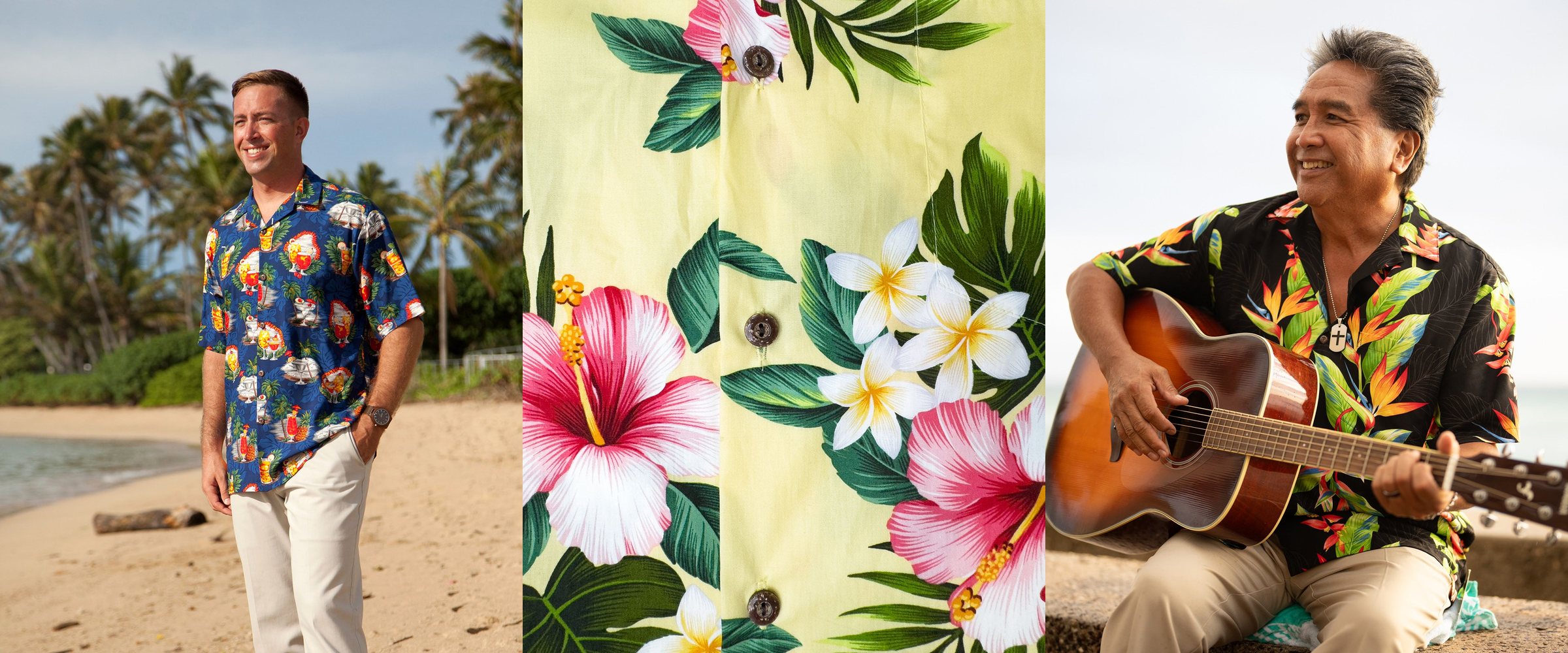 Men wearing Jeweluve aloha shirts on the beach and by the sea, with a hibiscus print in the middle