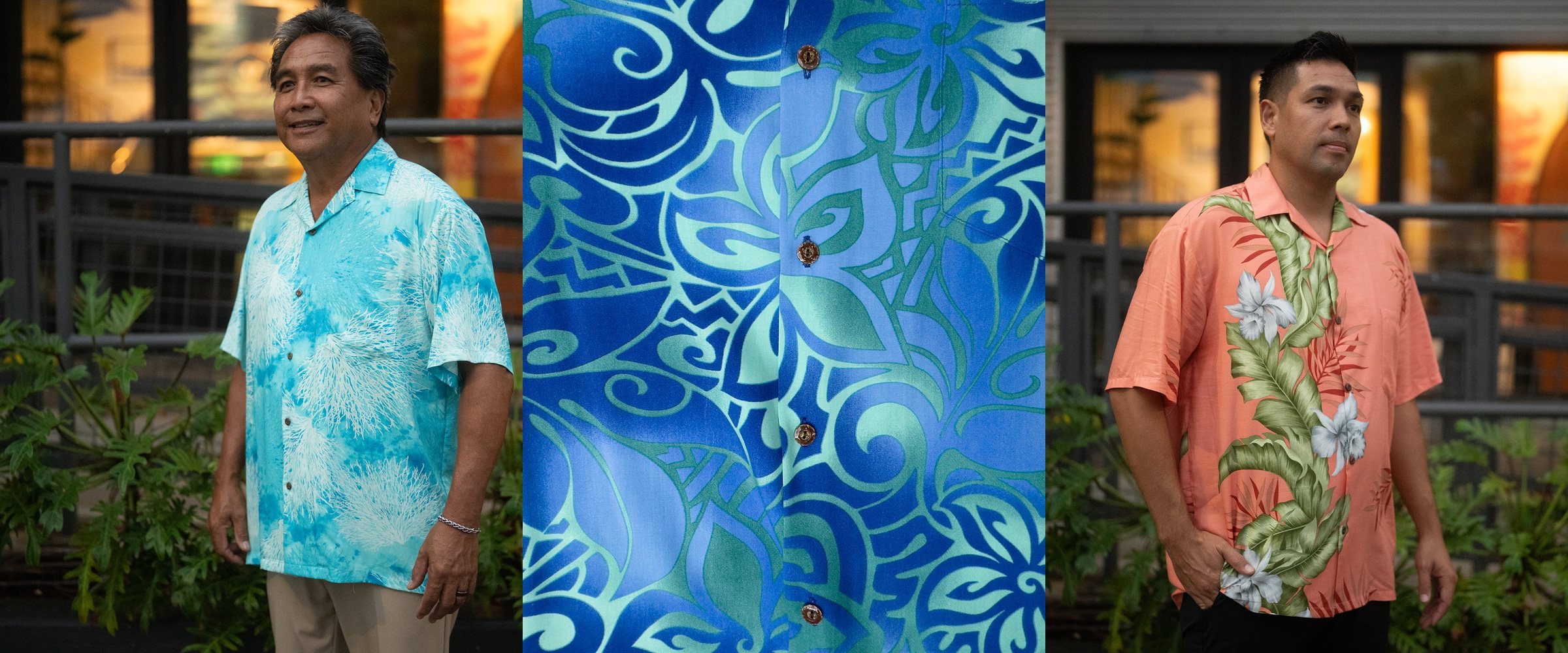 Coral Print and Orchid Panel aloha shirts worn in town, with a blue tiare print in the middle